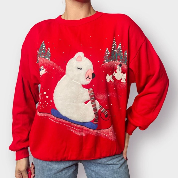 80s Polar Bear Sledding‎ Holiday Scene Sweatshirt - Picture 3 of 7